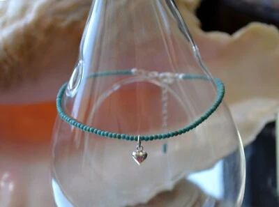 3 mm Turquoise Bead & .925 Sterling Silver Heart Ankle Bracelet 9 to 10 Inches - Image 1 of 4