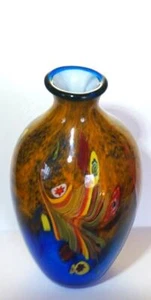 Vaso vintage RARO in vetro soffiato di Murano millefiori piume tirate 10" - Foto 1 di 9
