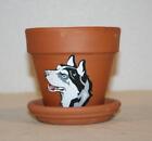 Husky Dog Terracotta Clay Pot 4" Hand Painted Planter & Tray Gift Handmade