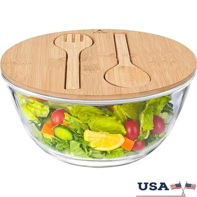 Large Glass Salad Bowl W/ Bamboo Sealed Lid Mixing Utensils Dishwasher Safe New - Image 1 of 4