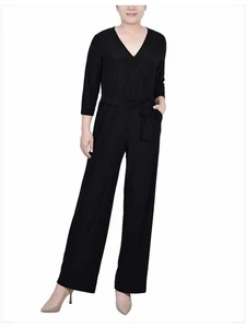 NY Collection Jumpsuit Damen Größe Small Petite PS Schwarz 3/4-Arm Gürtel Neu - Bild 1 von 8