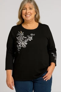 Denim&Co. Dark Brown Jersey Long Sleeve Printed Golden Floral Sz X-Large - Picture 1 of 7