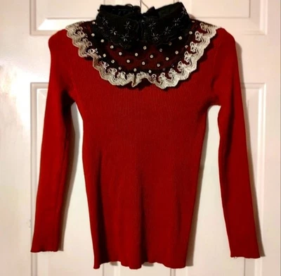 🔸🌹🔸Deslumbrante Top Suéter de Encaje Lolita Rojo Arándano Escarlata Hecho a Medida - S Foto 1 de 4