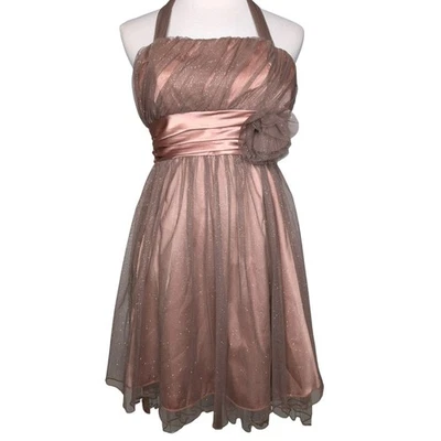 Y2K Fairycore Tulle Satin Blush Glittery Rosette Whimsical Babydoll Mini Dress 5 - Image 1 of 4