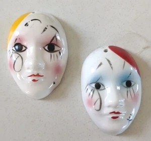 Hand Painted Ceramic Clown Masks Wall Plaque Art Mardi Gras Theater Vintage - Picture 1 of 13