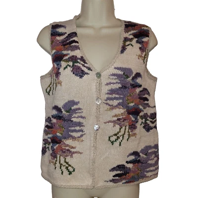 Chaleco Suéter Peruvian Connection S 100% Algodón Pima Floral Cottagecore Abotonado Foto 1 de 4