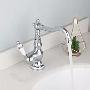 Grifo de lavabo de baño cromado con mango de un solo orificio montaje en cubierta grifo mezclador de fregadero de bambú - Imagen 1 de 10