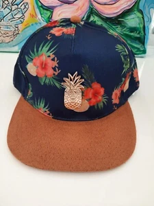 Cayler &Sons Brown & Blue Hibiscus Flower & Gold Pineapple Baseball Cap One Size - Picture 1 of 8