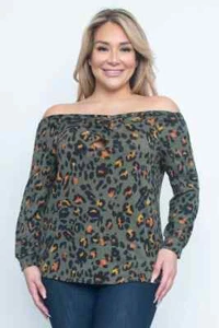 DARK GREEN Leopard SIZE 3XL 3X Shirt Top WOMENS PLUS Long Sleeves OFF SHOULDER - Picture 1 of 4