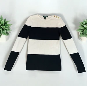 Lauren Ralph Lauren Sweater Women’s S Ribbed Striped Gold Buttons Quiet Luxury - Bild 1 von 12