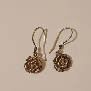 Vintage 925 Sterling Silver Flower Hook Earrings V07 - Picture 1 of 8