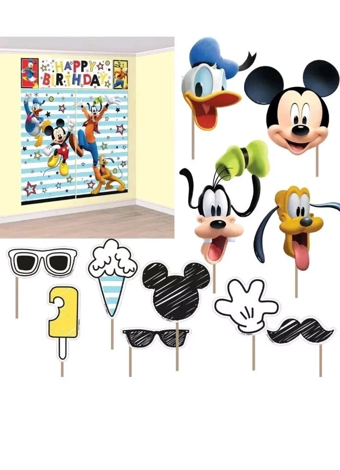 Disney Mickey Mouse Scene Setter + 12 Prop Happy Birthday Party Wall Decoration  - Image 1 of 4