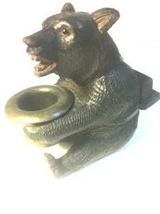 ANTIQUE BLACK FOREST SWISS WOOD CARVED SITTING BEAR W/BRASS CUP & MATCHBOOK REST - Picture 1 of 6