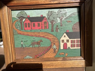 American Folk Art Farm Painting On Wood - Unsigned Original Framed Wall Art - Image 1 of 3