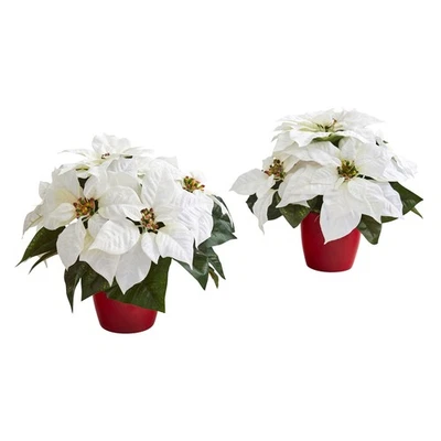 Nearly Natural 12in. Poinsettia Artificial Plant in Red Planter (Set of 2) - Image 1 of 4