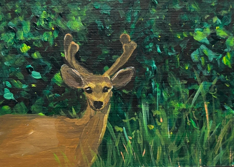 ACEO 原创抽象动物鹿麋鹿森林动物迷你丙烯酸绘画 — 第 1/1 张图片