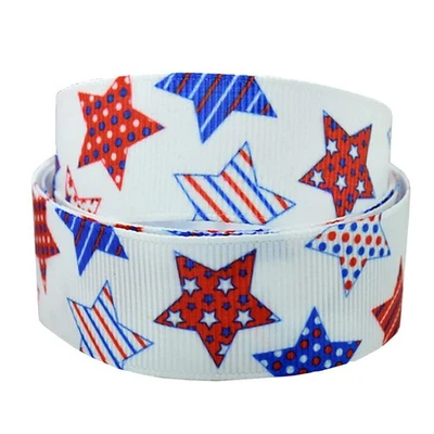 7/8" Red White Blue Stars Patriotic Grosgrain Ribbon Yardage DIY Hair Bow Crafts - Image 1 of 3