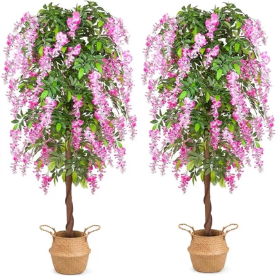 Plantas de árbol artificiales de 6 pies, árbol de glicinia falso con cesta tejida de pastos marinos para entrar Foto 1 de 4