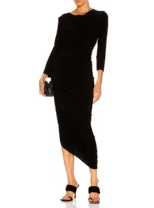 Norma Kamali Diana Asymmetric Hem Long Sleeve Gown Ruched w/ bodysuit Black Sz L - Picture 1 of 9