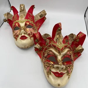 Venetian Masquerade Paper Mache Pair of Jester His/Hers Full-Face Masks-Set of 2 - Picture 1 of 14