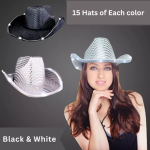 Set of 30 LED Flashing Cowboy Hat with Sequin White Lights - Cowgirl Festival Pa - Picture 1 of 3