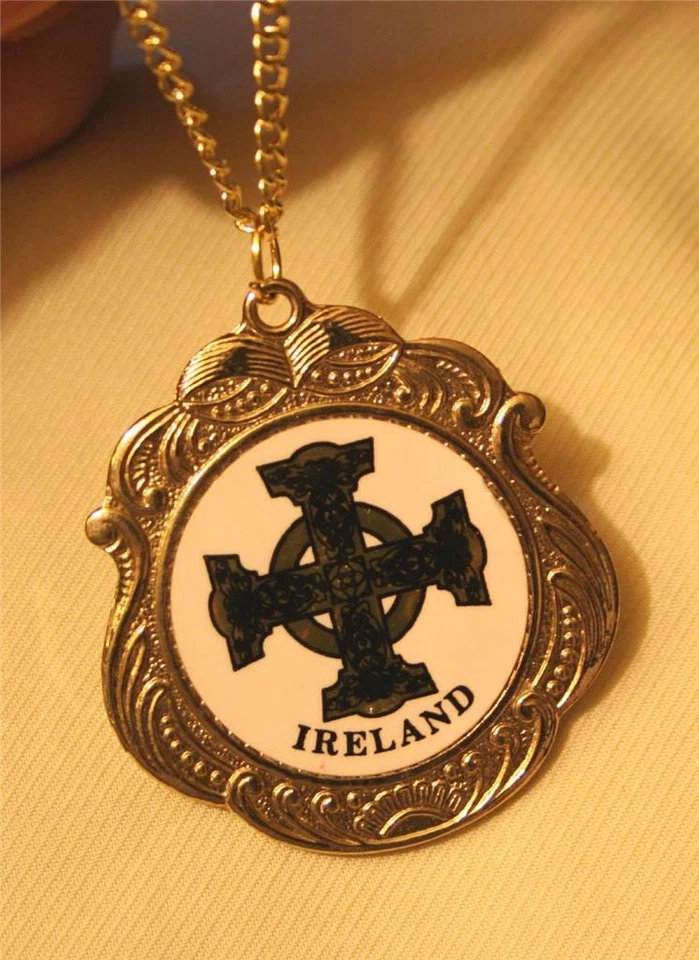 Striking Swirled Shield White Enameled Blue Gold Ireland Celtic Pendant Necklace - Image 1 of 1