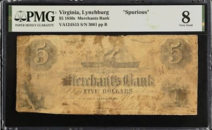 VA $5 LYNCHBURG Virginia The Merchants Bank Nov. 4, 1854 PMG VG8 VA-124 S15 - Picture 1 of 5
