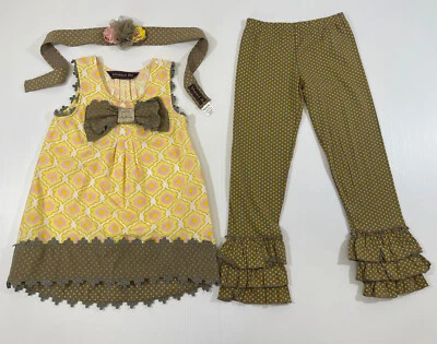 Conjunto de 3 piezas de diadema túnica pantalón lunares amarillo algodón pastel mostaza niñas Foto 1 de 4