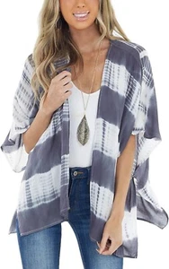 Women Summer Floral Print Kimonos Loose Half Sleeve Chiffon Cardigan Charcoal M - Picture 1 of 2