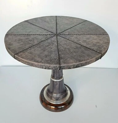 Antique Home Dining Restaurant Round Coffee Table Leather Stitched Decorative - Image 1 of 4