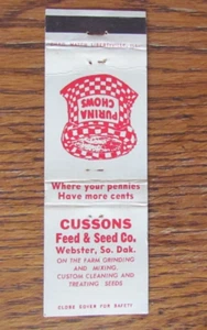 PURINA CHOWS MATCHBOOK COVER: CUSSON FEED & SEED WEBSTER, SD 1970s MATCHCOVER A8 - Picture 1 of 2