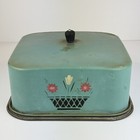 Vtg Carlton Square Cake Saver Keeper Cover Teal Blue Floral Metal Mid Century