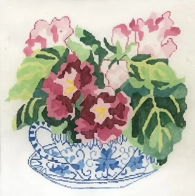 Needlepoint Handpainted Jean Smith Large Teacup of Gloxinia 14x14 - Image 1 of 4