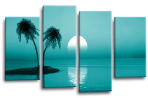 Large Seascape Sunset Love Art Print Blue Cream Framed Split Canvas Picture - Picture 1 of 6