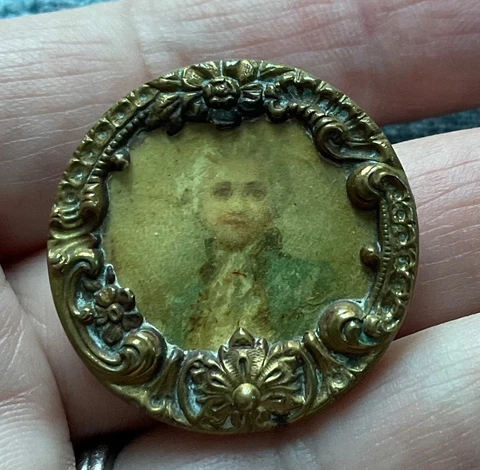Antique Vtg Button - Lithograph Portrait Man Head - Intricate Metal & Celluloid Cover