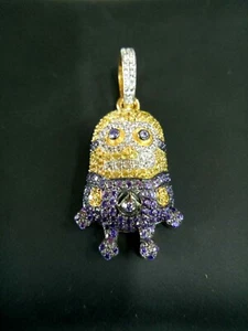 Unisex Minion Cartoon Anhänger 10K Gelbgold Blauer Zirkonia Diamant 3.8cm - Picture 1 of 7