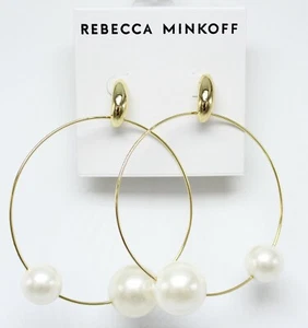 Rebecca Minkoff Gold Hoop Earrings with Simulated Pearls $48 Tags #RM024 - Picture 1 of 2