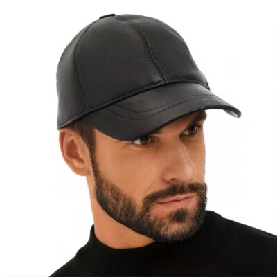 BLACK REAL GENUINE LAMBSKIN LEATHER Baseball Cap Hat Sport Visor - Image 1 of 4