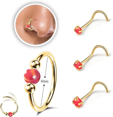 2 PIEZAS 18G Anillos de nariz de ópalo para mujer Aros de nariz 8 mm/10 mm 316 L Nariz de acero quirúrgico  Foto 1 de 4