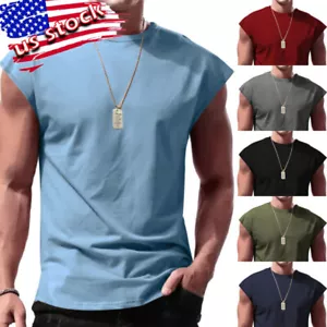 Mens Workout Tank Top Sleeveless Round Neck Gym Bodybuilding Cut Off T Shirts - Picture 1 of 61