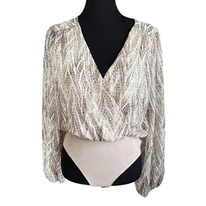 Peach Love Tan, Ivory & Gold Puff Sleeve V-Neck Bodysuit Blouse, Snake, Large - Picture 1 of 5