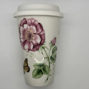 LENOX Butterfly Meadow 10oz Ceramic Thermal Travel Cup Mug w/lid Bee Floral - Picture 1 of 9