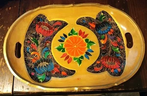 Hand Painted Mexican Batea Wood Tray Folk Art Tole Floral 17x11.5" - Picture 1 of 8