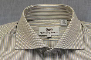 HICKEY FREEMAN Men TAN BLUE & WHITE STRIPED LS DRESS SHIRT NWT 14.5 34/35 $145 - Picture 1 of 8