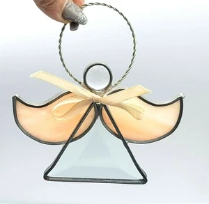 Stained Glass Angel Figurine Ornament 5" x 4 5/8" Sun catcher Peach Pink Wings - Picture 1 of 6