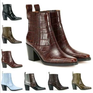 Western-style Women Synthetic Leather Block Heels Square Toe Ankle Chelsea Boots - Picture 1 of 14