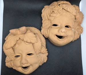 Lot Of 2 Vintage Terra Cotta Masks Bacchus Italian Pottery Garden Seasons Clay - Picture 1 of 7