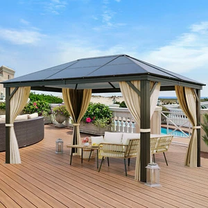 10x12' Gazebo Canopy Hardtop Roof Aluminum Alloy Frame w/Mesh & Curtains Brown. - Picture 1 of 4