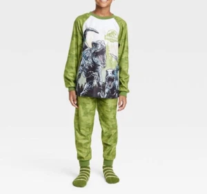 Boys' Jurassic World 3pcs Long Sleeve Dinosaur Pajama Set Cozy Socks Green XS - Picture 1 of 5
