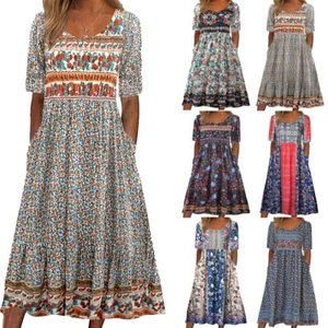 Women Summer Short Sleeve Floral Printed Sundress A Line Long Maxi Dress Comfy - Picture 1 of 22